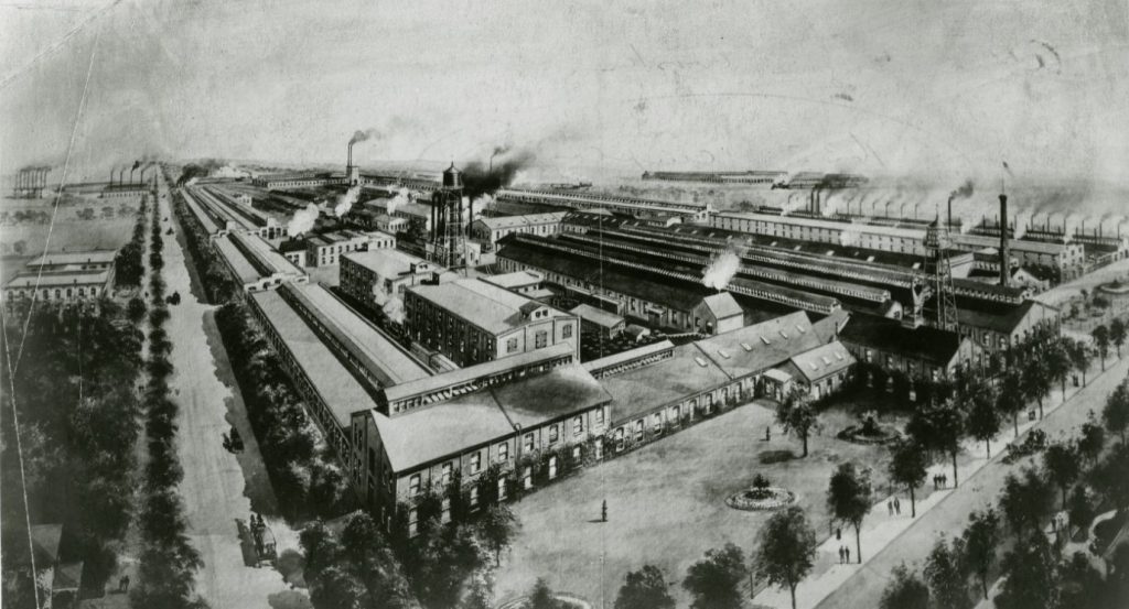 Drawing of the many buildings on the Atlas Works site. The buildings are all similar in structure, long and tube-like. 