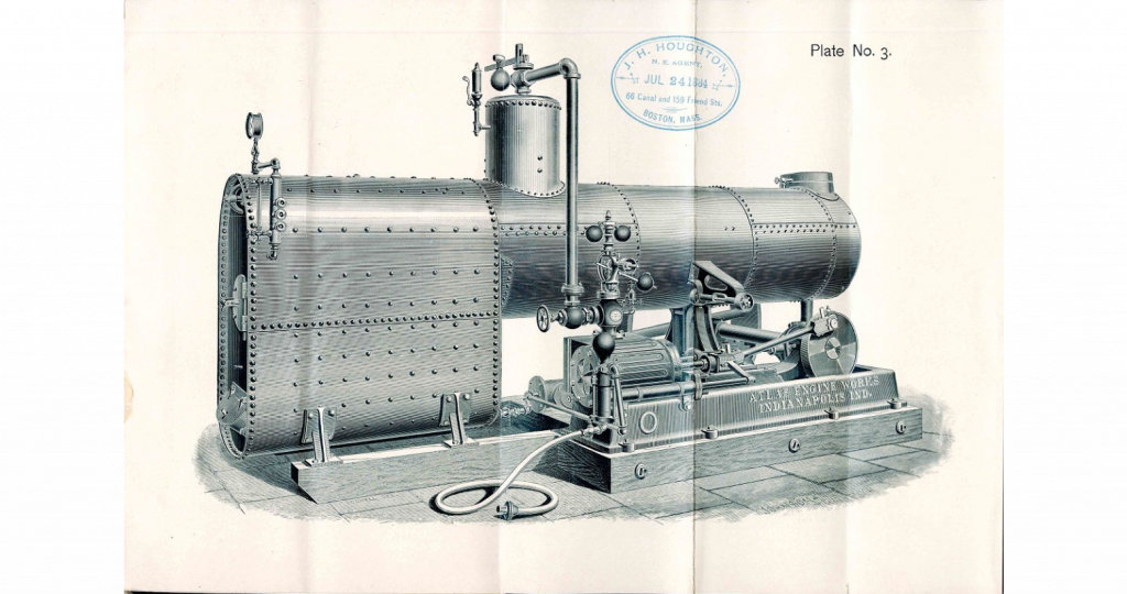 Illustration featuring a large engine with the text "Atlas Engine Works" on it. 