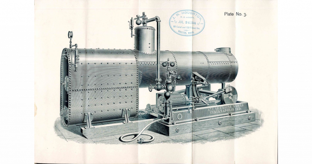 Illustration featuring a large engine with the text "Atlas Engine Works" on it.