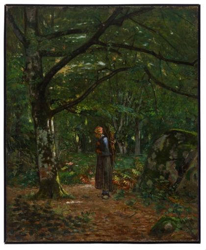 Oil painting depicting a woman standing in the middle of trees.