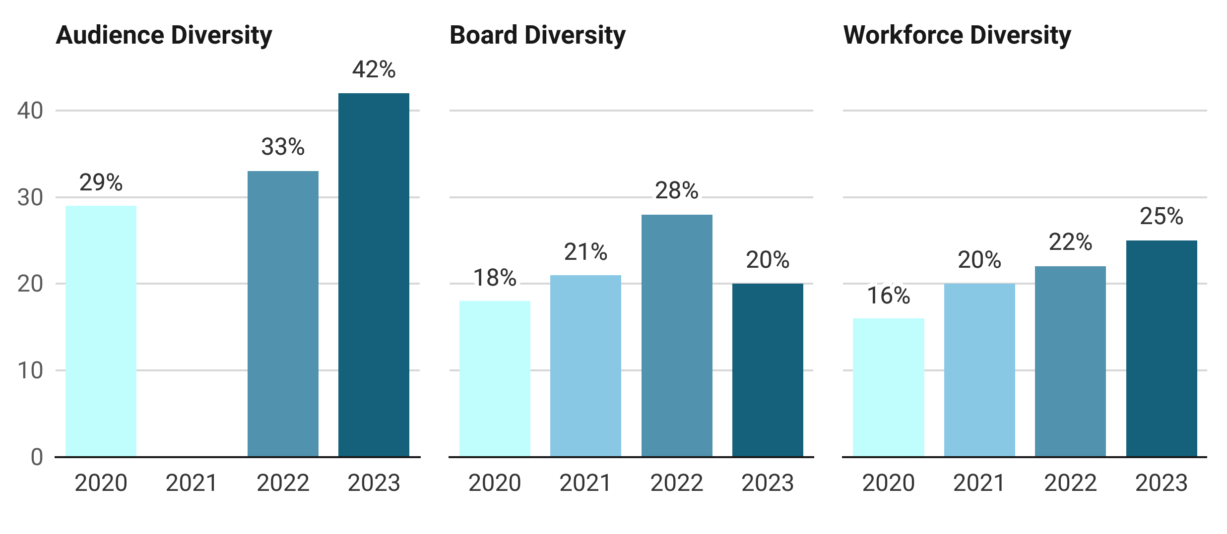 Three bar graphs showing the change in diversity from 2020 to 2023 for Audiences, Workforce, and Board. The Audience represents the most diversity among the three categories for all years. Diversity in both Board and Workforce are below 30% for all years.