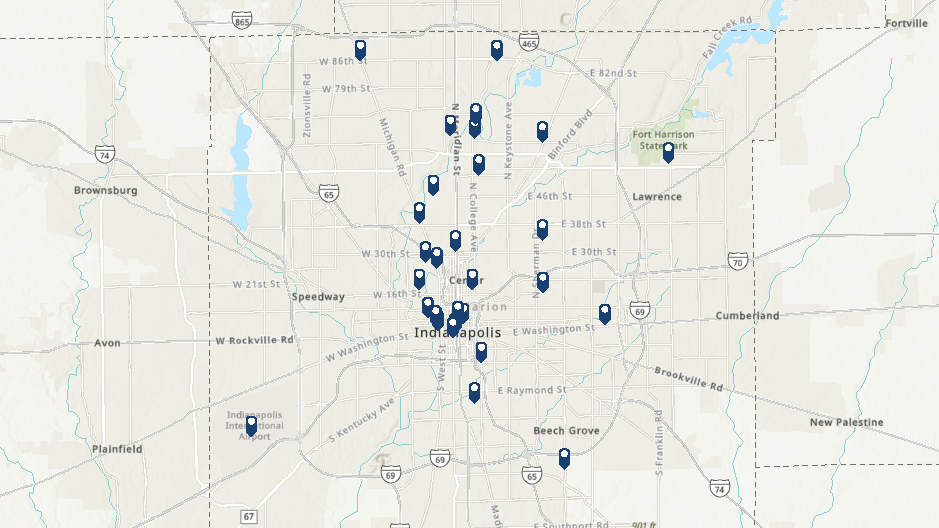 Map of Indianapolis showing the locations of public art. 