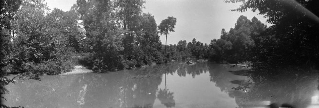 A view of a river with trees along the bank. 