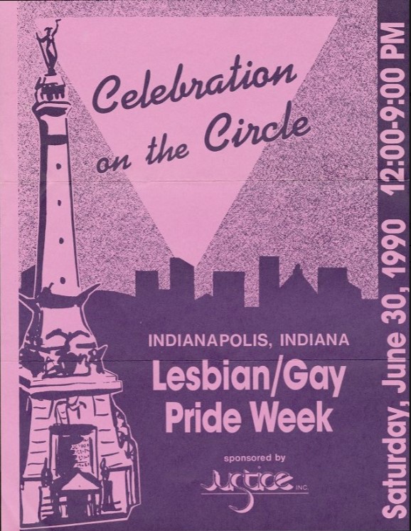 Flyer featuring an illustration of the Soldiers and Sailors Monument and a city skyline. It has the phrases "Celebration on the Circle" and " Lesbian/Gay Pride Week."