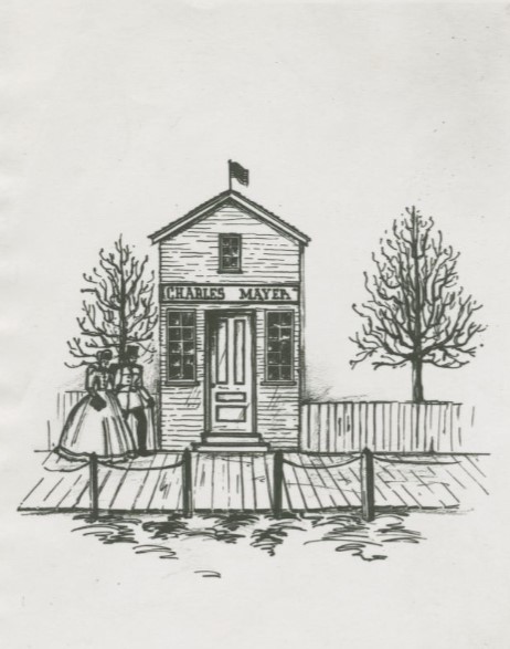 Illustration of a small building with a fence and plank sidewalk. Two people in 1800s dress are drawn walking along the sidewalk in front of the building. 