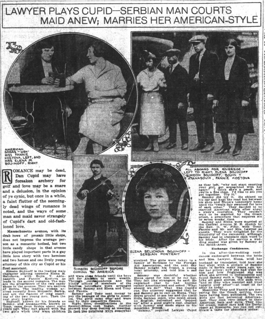 A news clipping with four pictures featuring young men and women. The article describes the courtship of these young individuals.