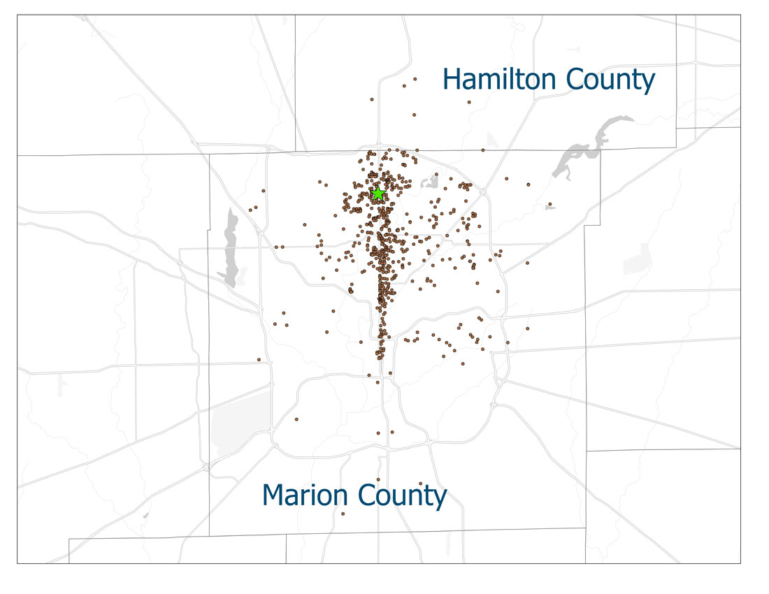 Graph of Second Presbyterian Members locations in 1964