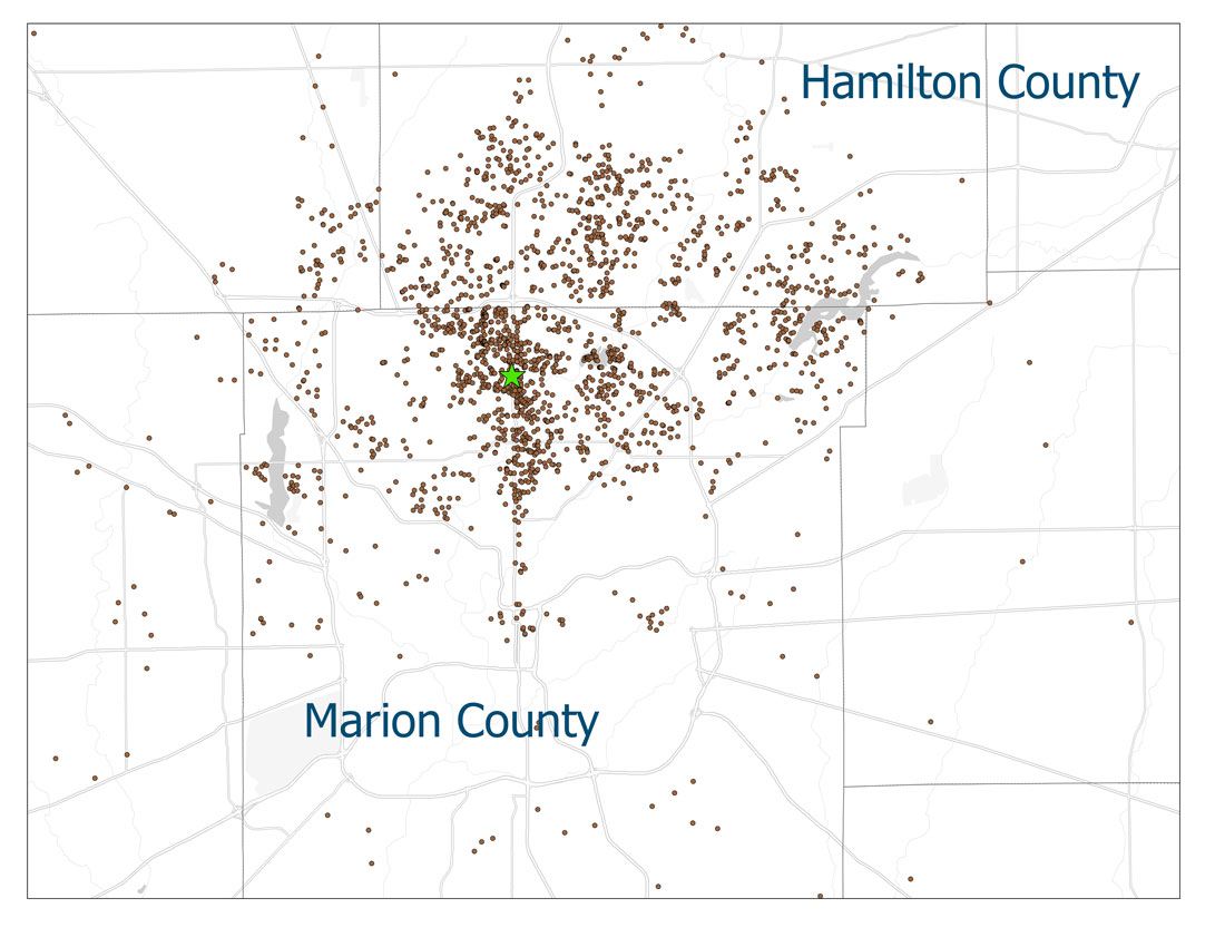 Graph of Second Presbyterian Members locations in 2005