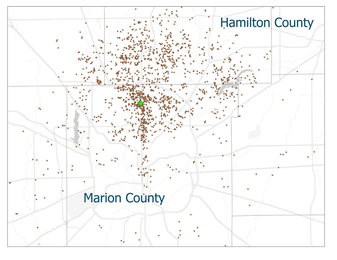 Graph of Second Presbyterian Members locations in 2023