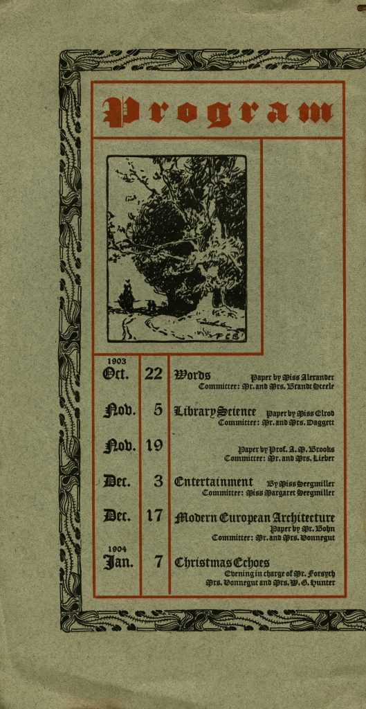 Half of a program page that lists upcoming events. A small illustration of a tree-filled landscape is include at the top of the page. 