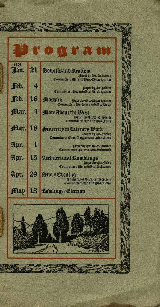 Half of a program page that lists upcoming events. A small illustration of a tree-filled landscape is included at the bottom of the page. 