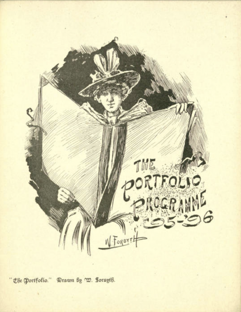 A sketch of a woman holding open a large portfolio in front of her. The text reads The Portfolio Programme, 95 through 96.