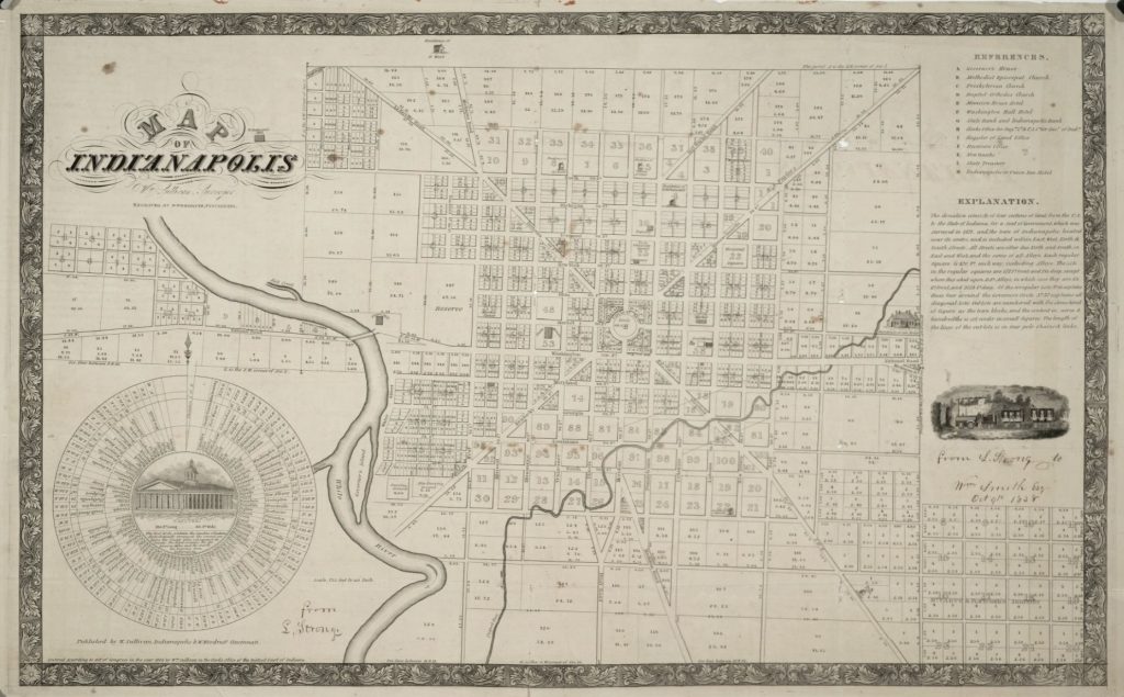 This 1836 map of Indianapolis includes street names and layout in addition to the locations of some key structures. Also included is a wheel chart showing the counties, county seats and distances to those towns from Indianapolis.