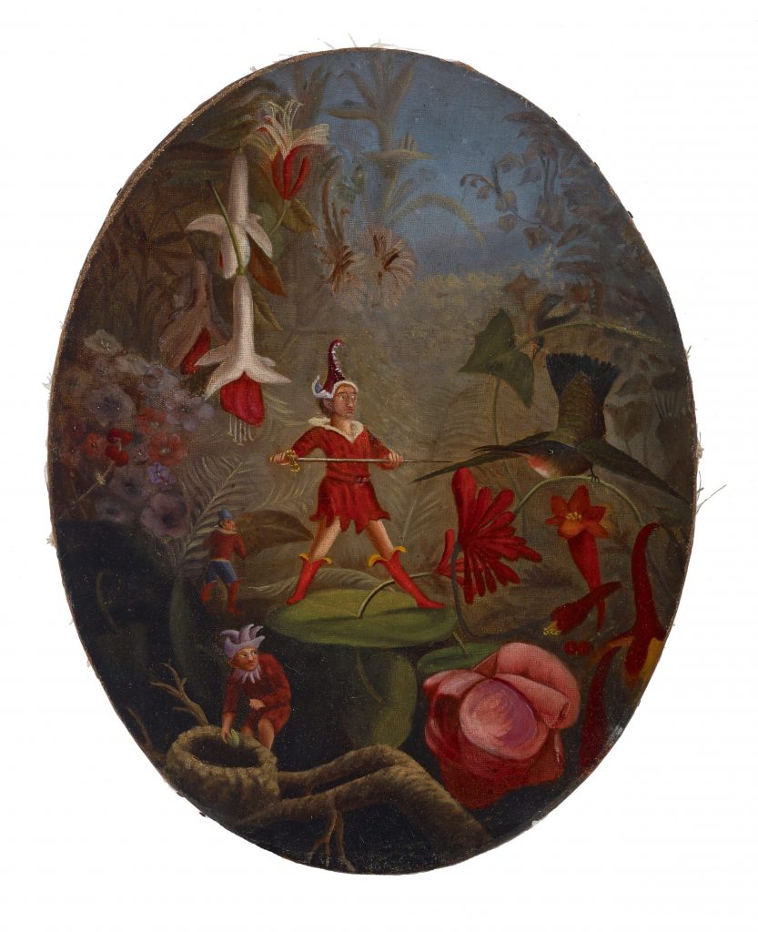 n this painting three fairies procure food for their king. At center, a fairy armed with a sword holds off a threatened hummingbird, while one of his accomplices absconds with eggs from its nest and another keeps watch.