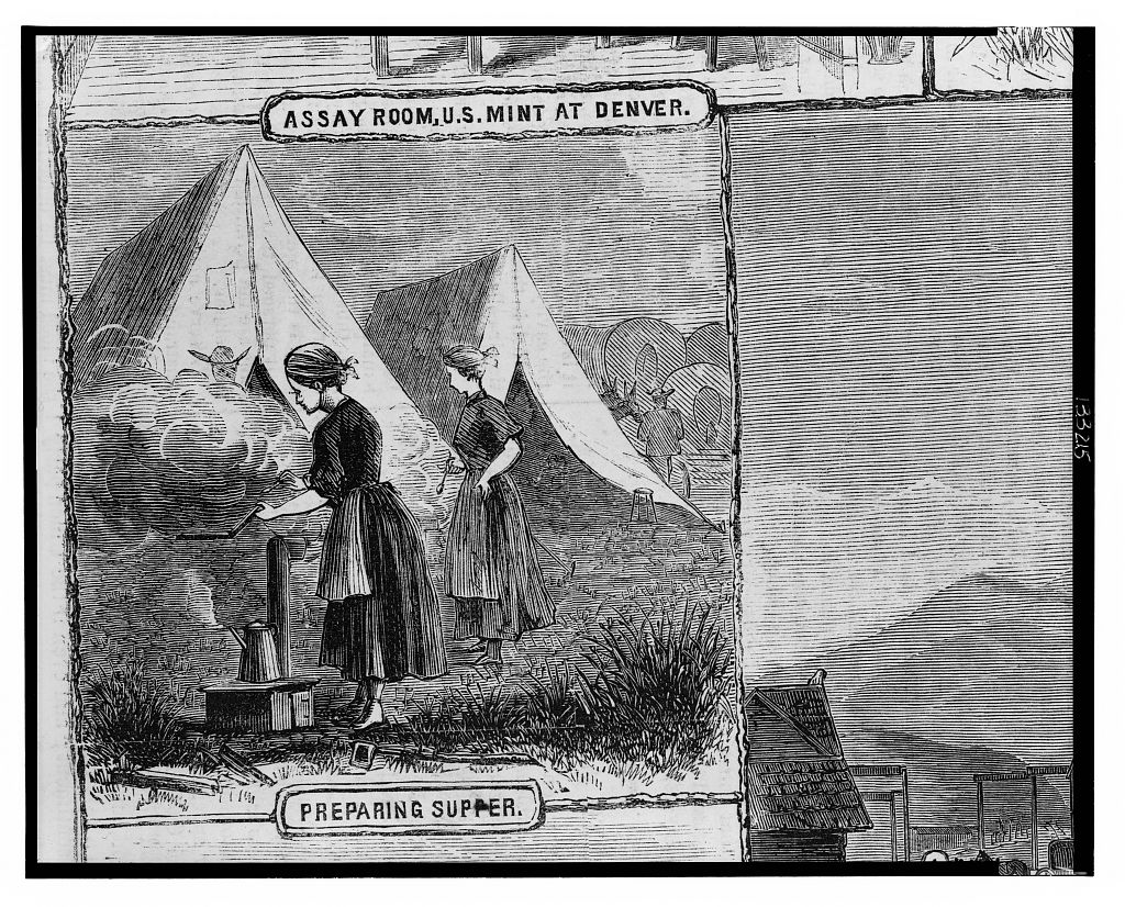 Print shows, from a full page spread of scenes depicting life on the plains, a vignette of two women preparing a meal on a small, portable stove, with tents in the background.