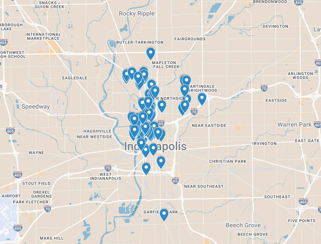This map shows the approximate locations of the Indianapolis businesses appearing in the Green Book from 1939 to 1967.