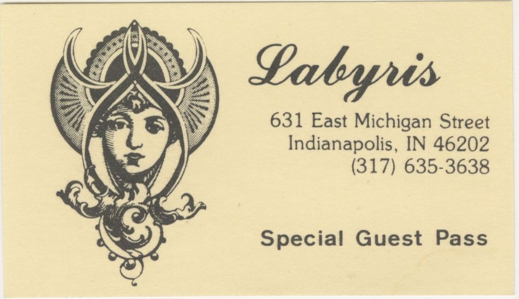 A card with a logo of a woman's head on the left and the name and address of the Labyris on the right. Below the address reads "Special Guest Pass."