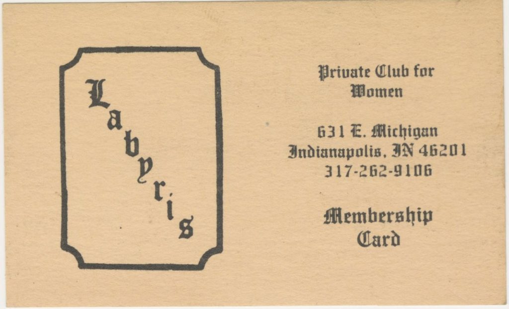 A card with a text logo on the left and the address of the Labyris bar on the right. On the top right, it reads "Private club for women" and on the bottom right it reads "Membership card."