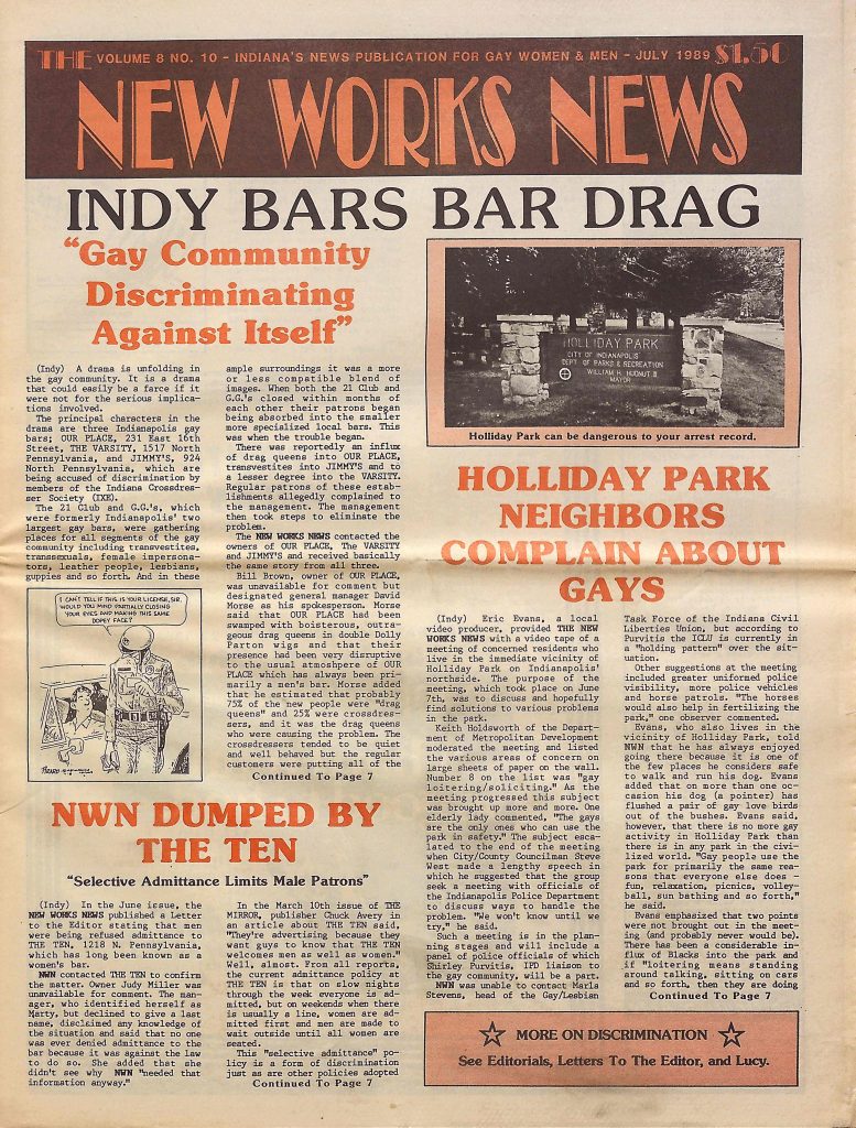 Front page of a newsletter. The headline reads "Indy Bars Bar Drag."