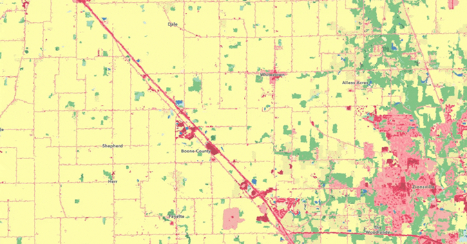 Animation showing the increase of developed land over time in Southeastern Boone County.