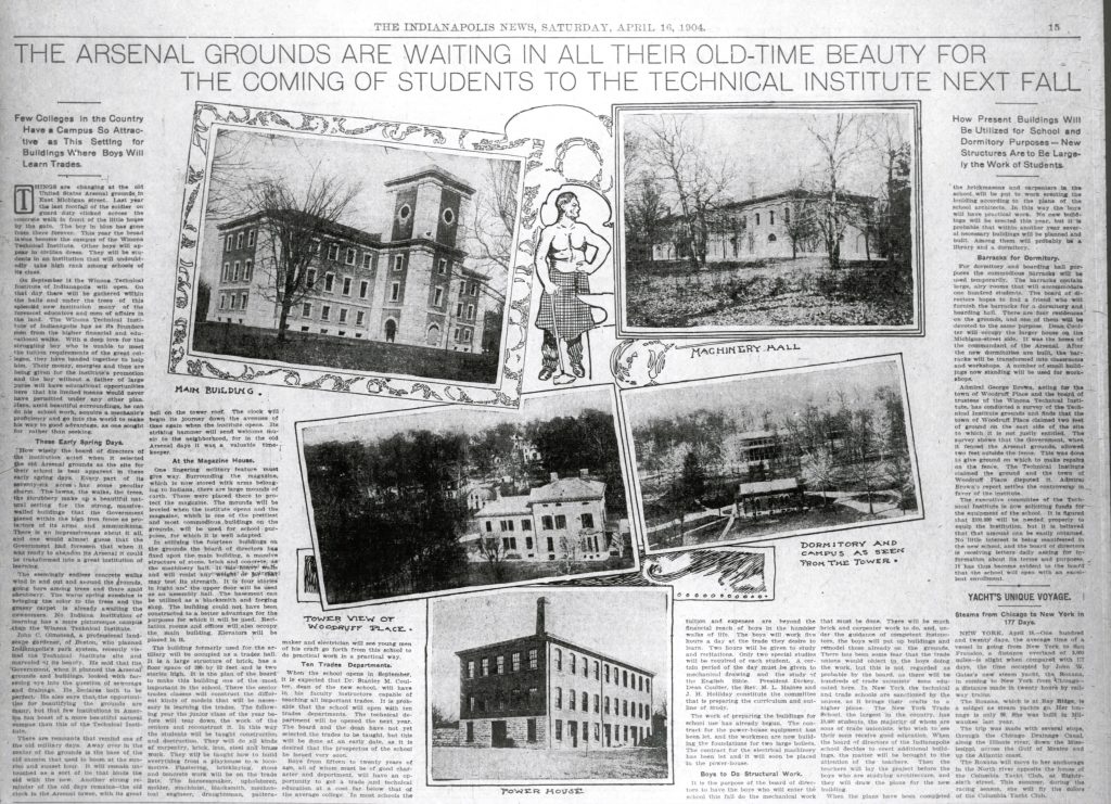 A newspaper clipping showing several images of buildings on the Arsenal Grounds. The headline reads "The ARsenal grounds are waiting in all their old-time beauty for the coming of students to the Technical Institute next fall."