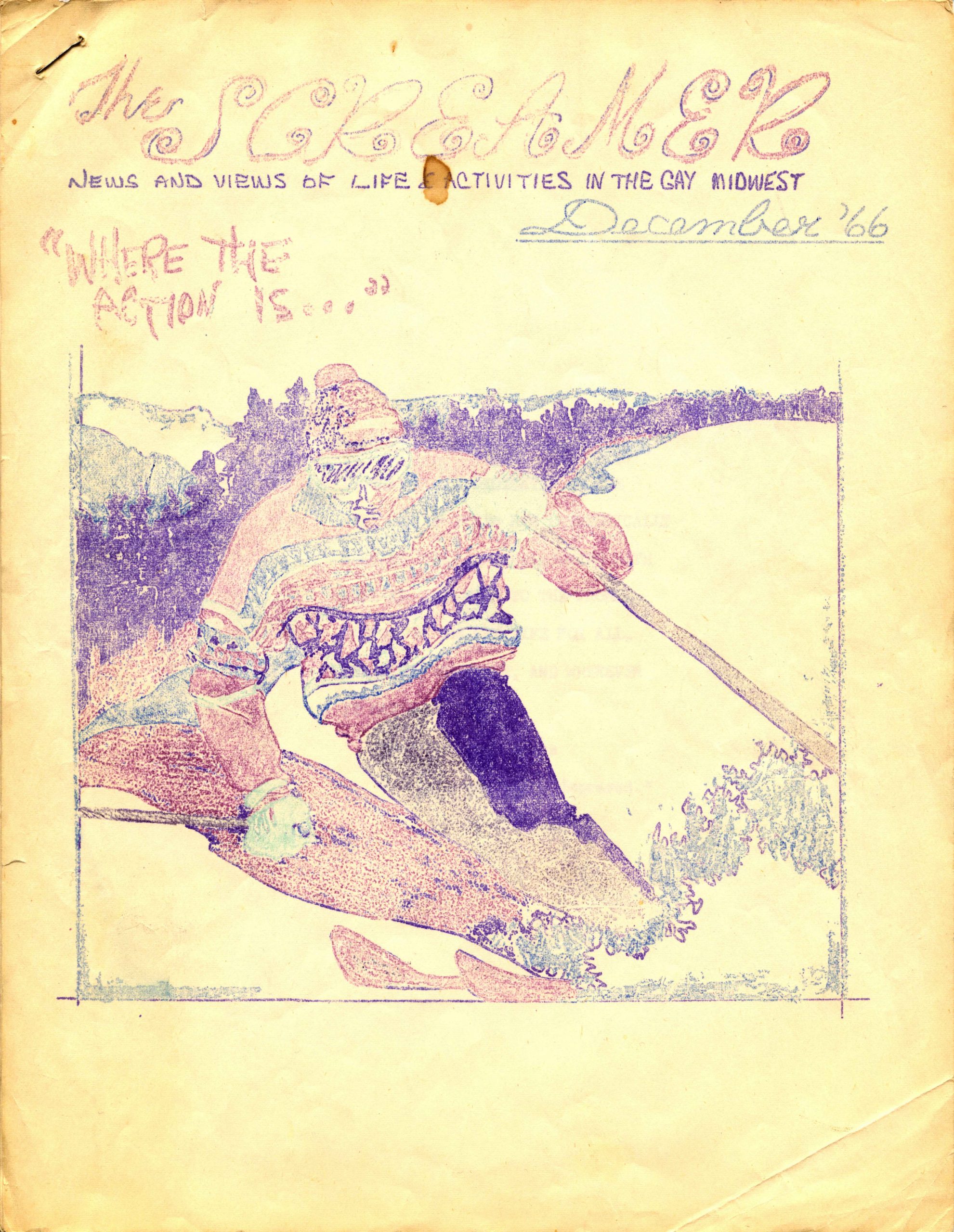A hand drawn and colored magazine cover featuring a person skiing.