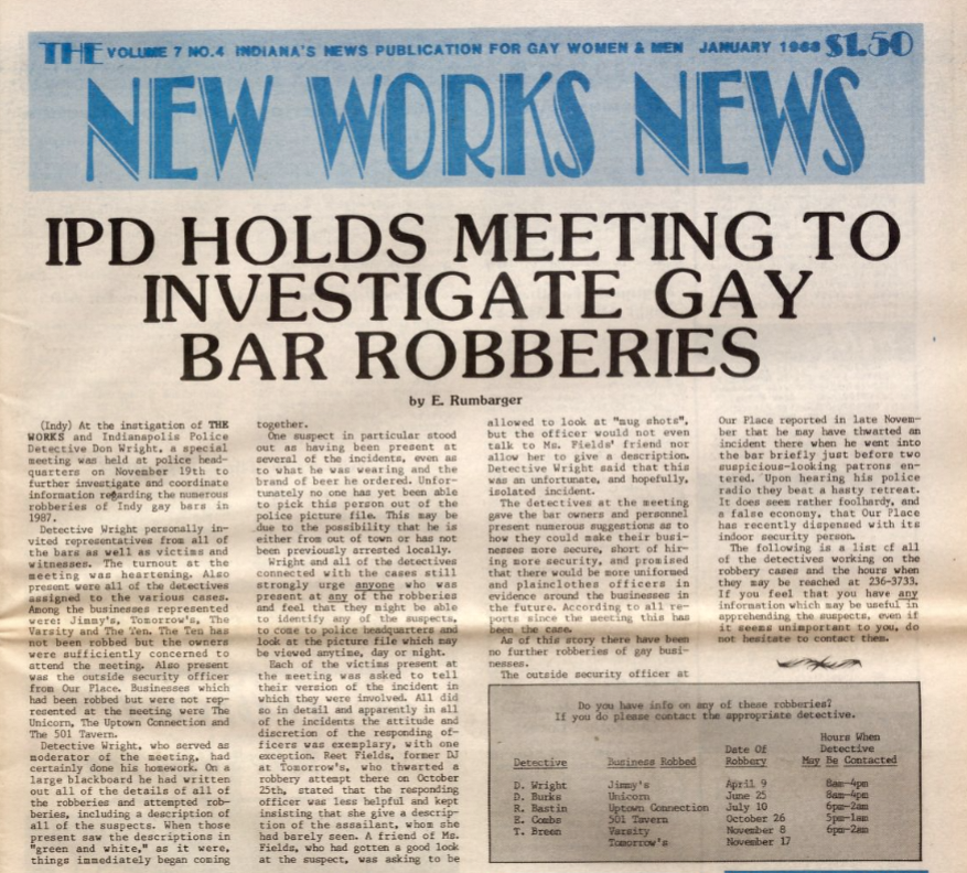 A newspaper article with the headline "IPD holds meeting to investigate gay bar robberies."