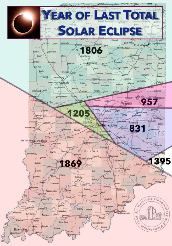 Map of Indiana showing the dates of the last total solar eclipses in specific areas of the state.