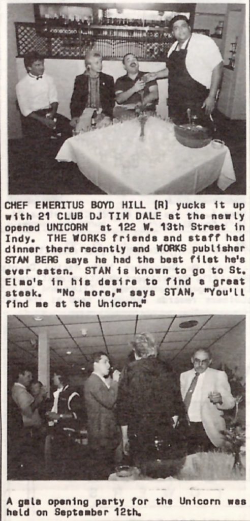 An article clipping featuring two photos. The first photo shows three men seated in front of a table covered in empty glasses and a punch bowl. A chef stands next to them. The bottom photo shows a group of people milling about in an open room.