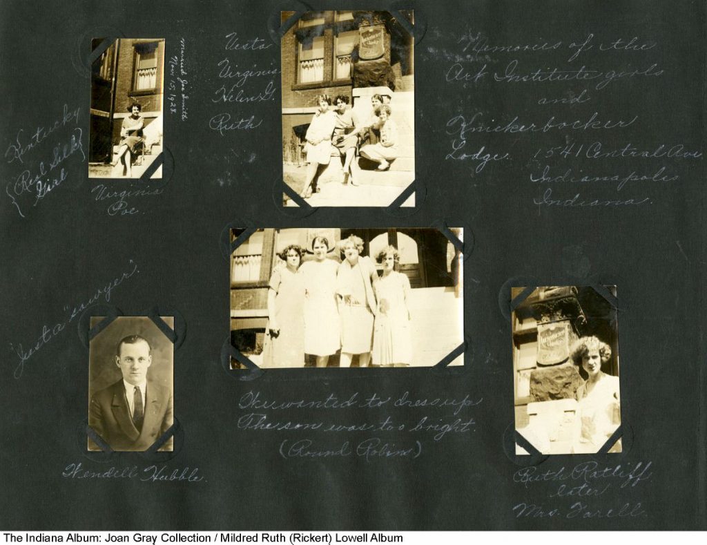 A photo album page showing four photos of young women standing in front of a building with a sign that reads "Knickerbacker Lodge."