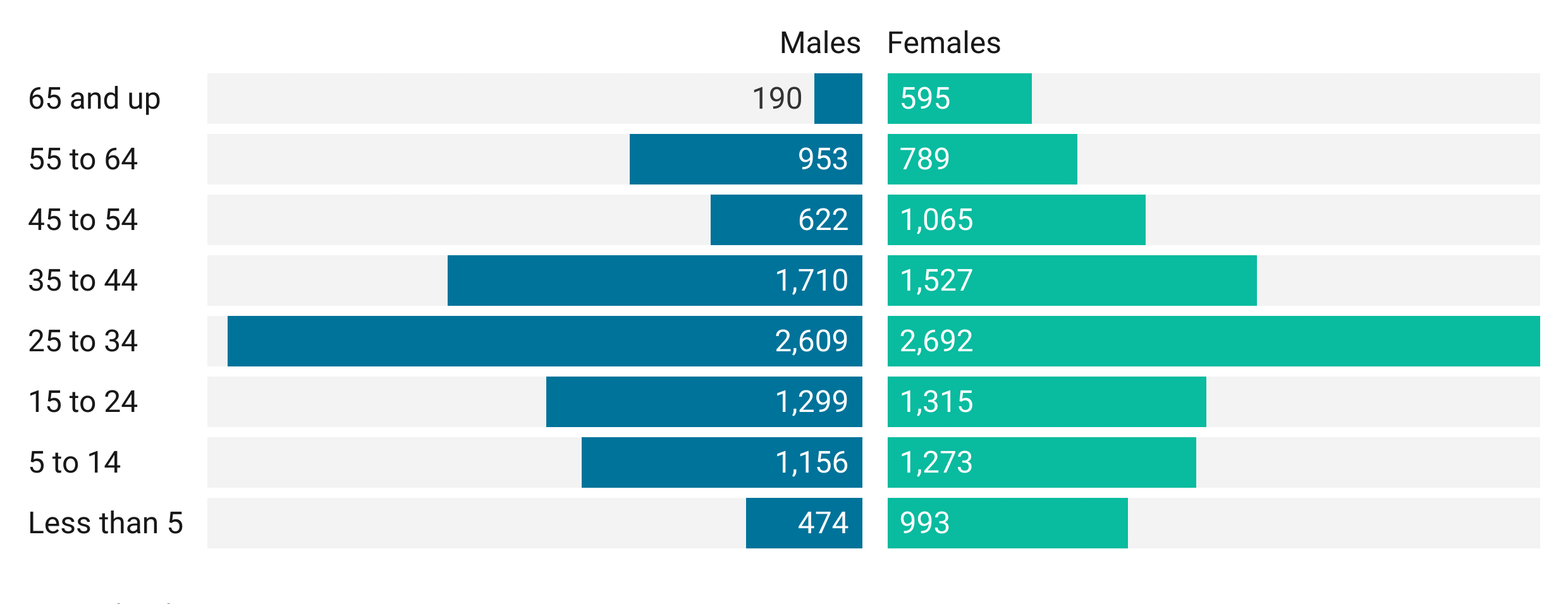 Two bar charts comparing asian population of Marion County in 2019 by age and gender. The 25 to 34 age group makes up the largest portion. There is a near 50/50 split between males and females in all age groups except for the less than 5, 45 to 54, and 65 and up groups which have more females.