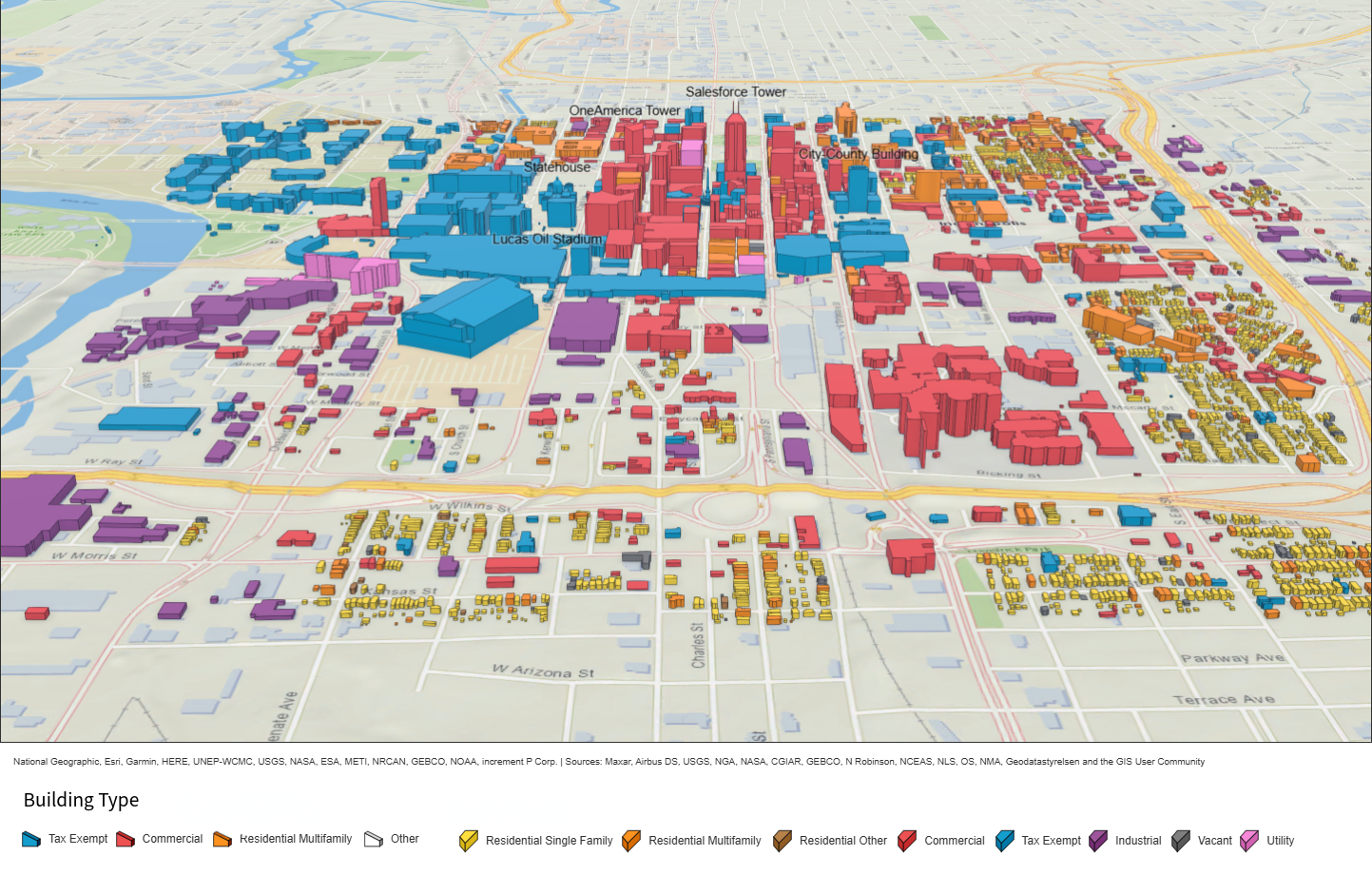 A map highlighting buildings in downtown Indianapolis.