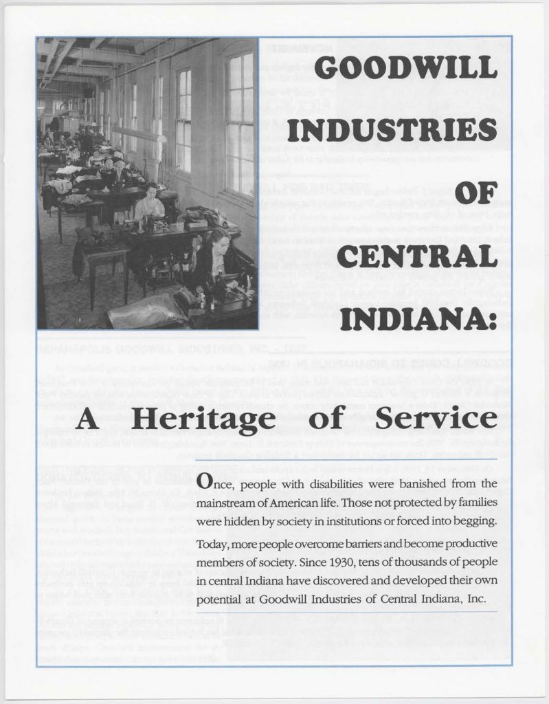 Front page of a pamphlet for Goodwill Industries of Central Indiana. Included is a photograph of several rows of women seated at sewing tables.