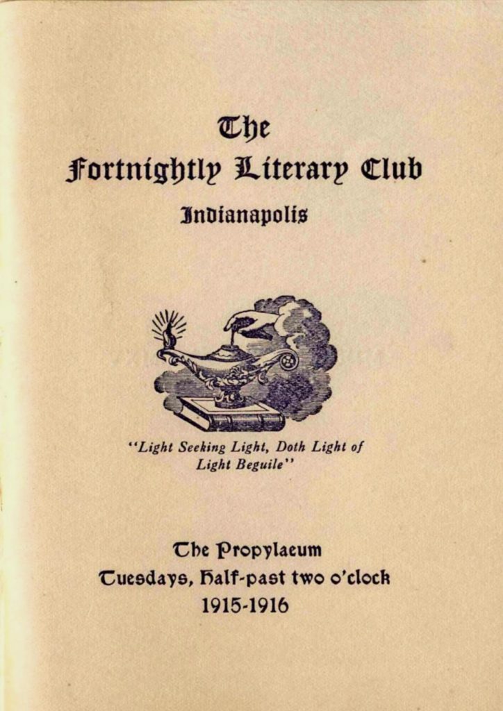 Title page of a pamphlet for the Fortnightly Literary Club. The page includes an illustration of a hand appearing from a cloud and pouring oil into a lamp. The lamp sits atop a book.