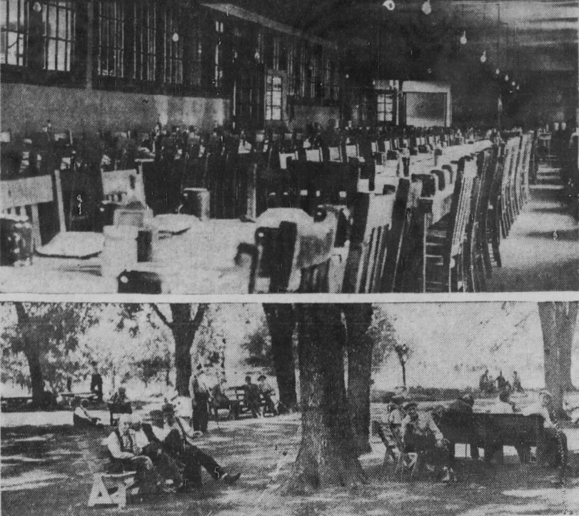 Two photos. The top photo shows a large dining room filled with long rows of tables with chairs. The bottom photo shows groups of people sitting on several benches outside, under a canopy of trees.