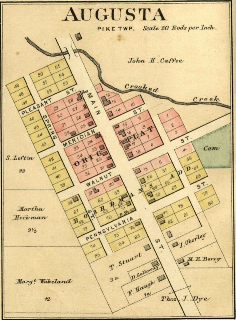 Historic plat map labeled “Augusta, Pike Township,” showing numbered lots, street names, property owners, a creek, and a cemetery.
