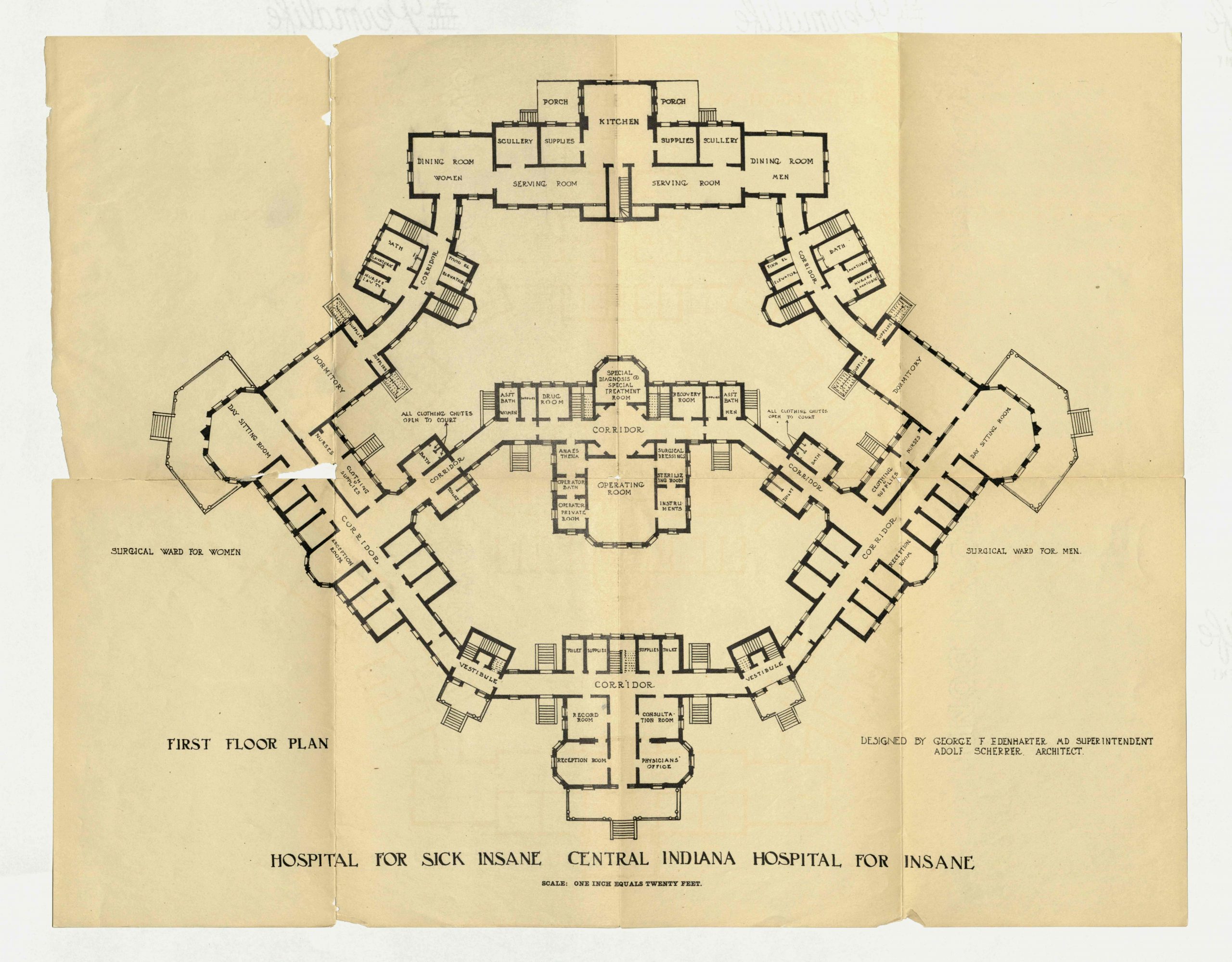 Schematic showing the layout of the first floor of Central State Hospital.