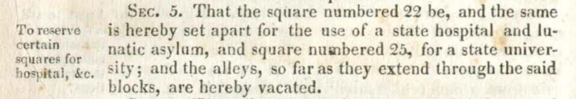 Segment of text that reads "That the square numbered 22, be and the same is hereby set apart for the use of a state hospital and lunatic asylum..."