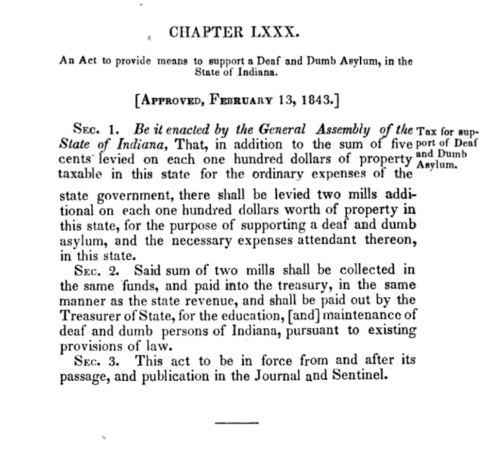 A passage of text outlining the act to support the establishment of an institution for citizen who are deaf.