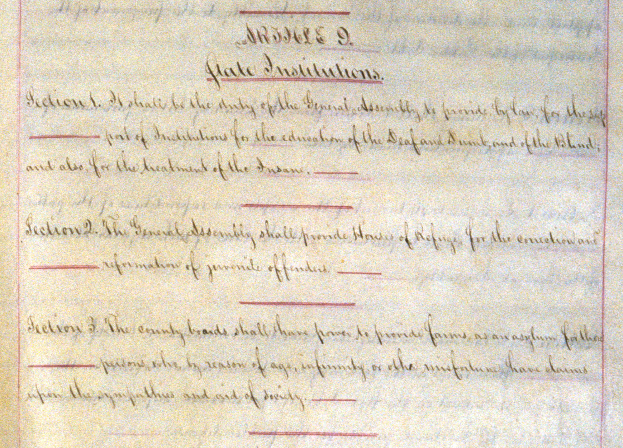 A hand-written passage showing Article nine of the Indiana State Constitution.