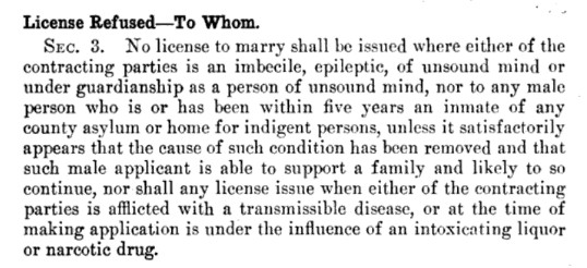 A passage of text describing certain types of individuals to whom marriage licenses will be refused.