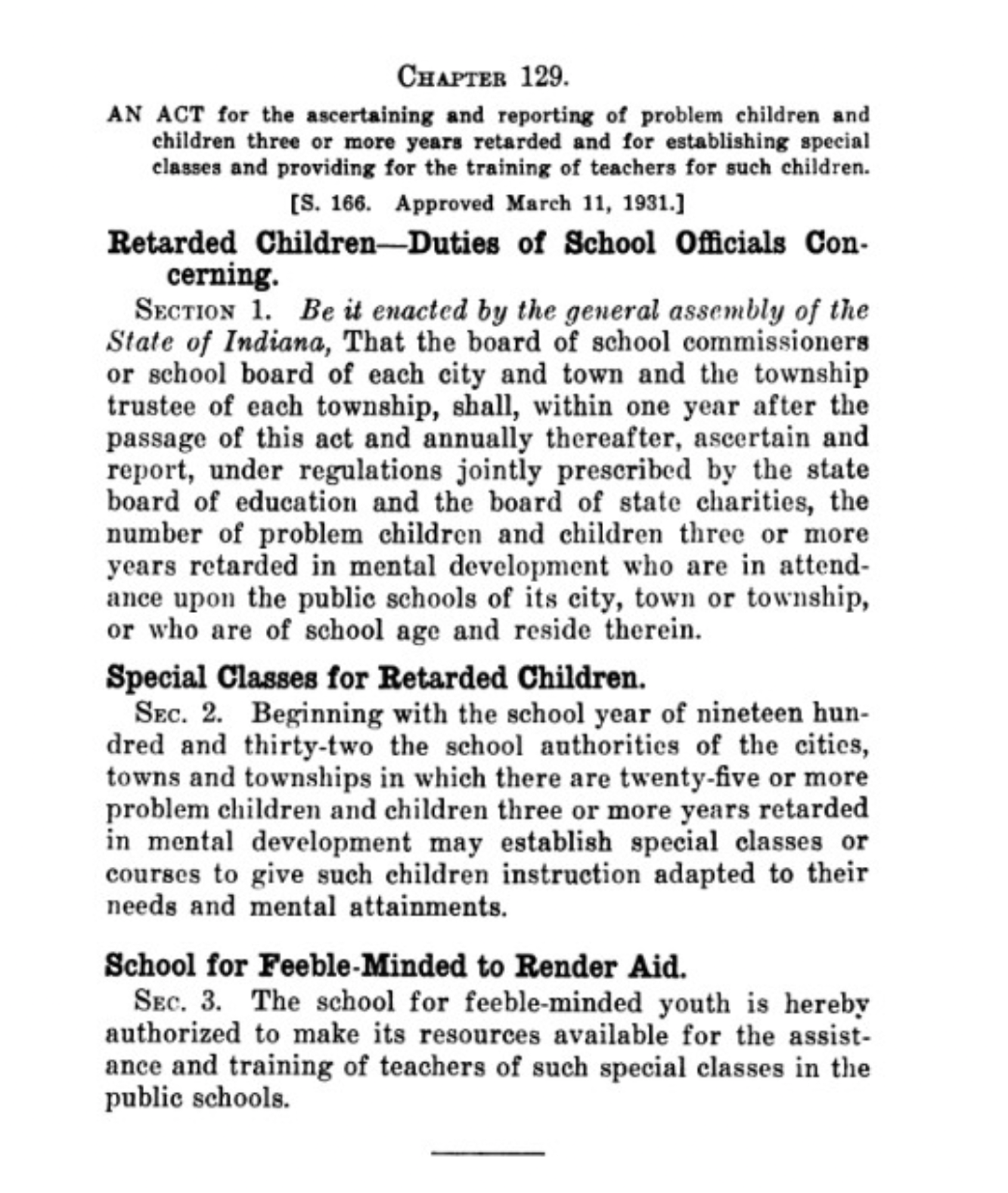 A passage describing an act for establishing special classes.