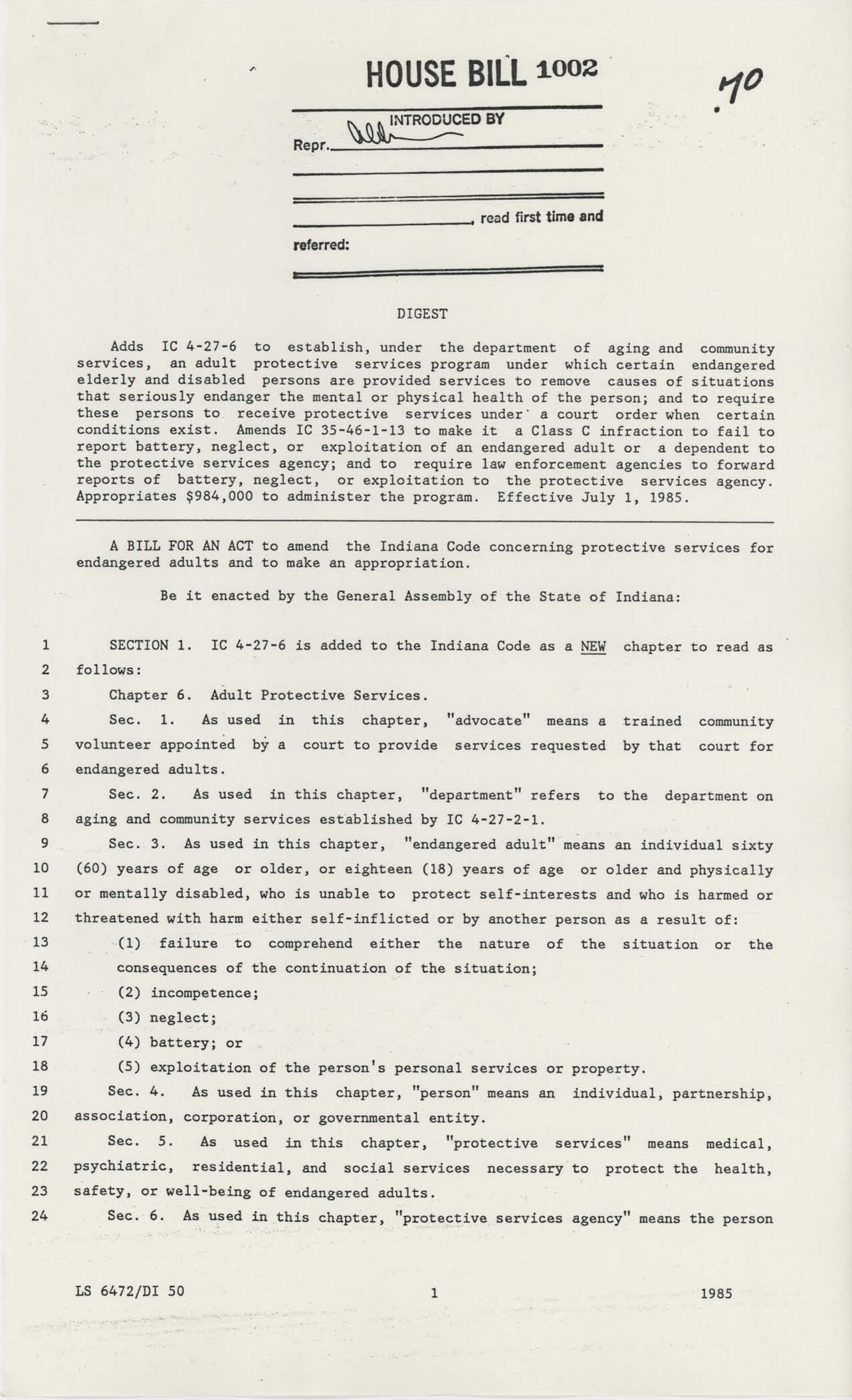 A document outlining a bill for an act to add an adult protective services program.