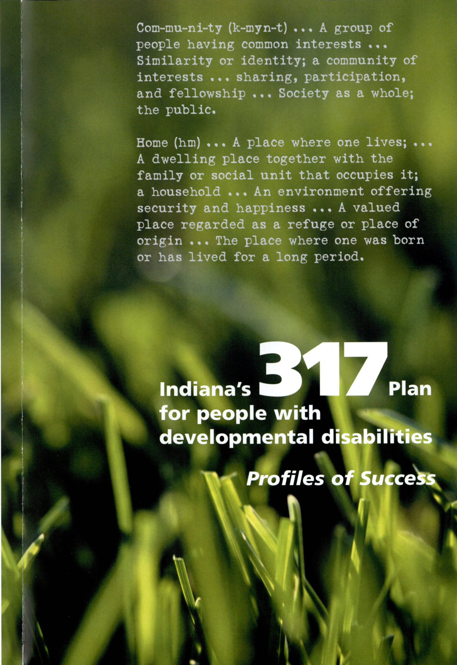 Cover of a booklet. The title reads "Indiana's 317 Plan for people with developmental disabilities: Profiles of Success."