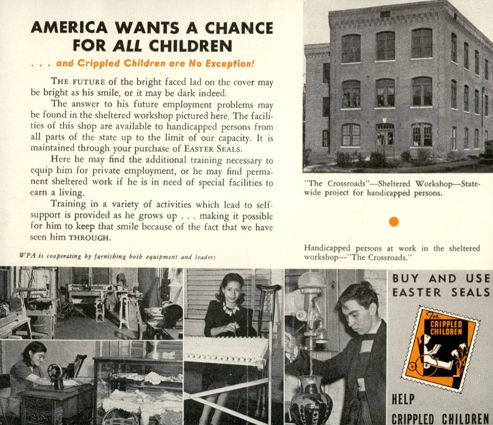 A brochure with a description about training for people with disabilities. Also included are several images of people with disabilities working.