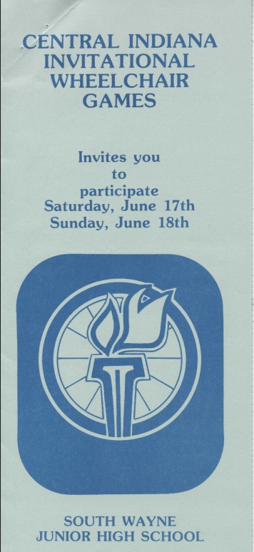 The front of a program with "Central Indiana Invitational Wheel Chair Games" printed at the top and a logo of a torch at the bottom.