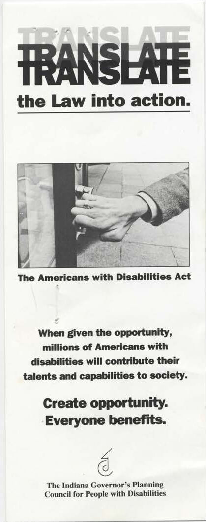 The front of a pamphlet about implementing A D A.