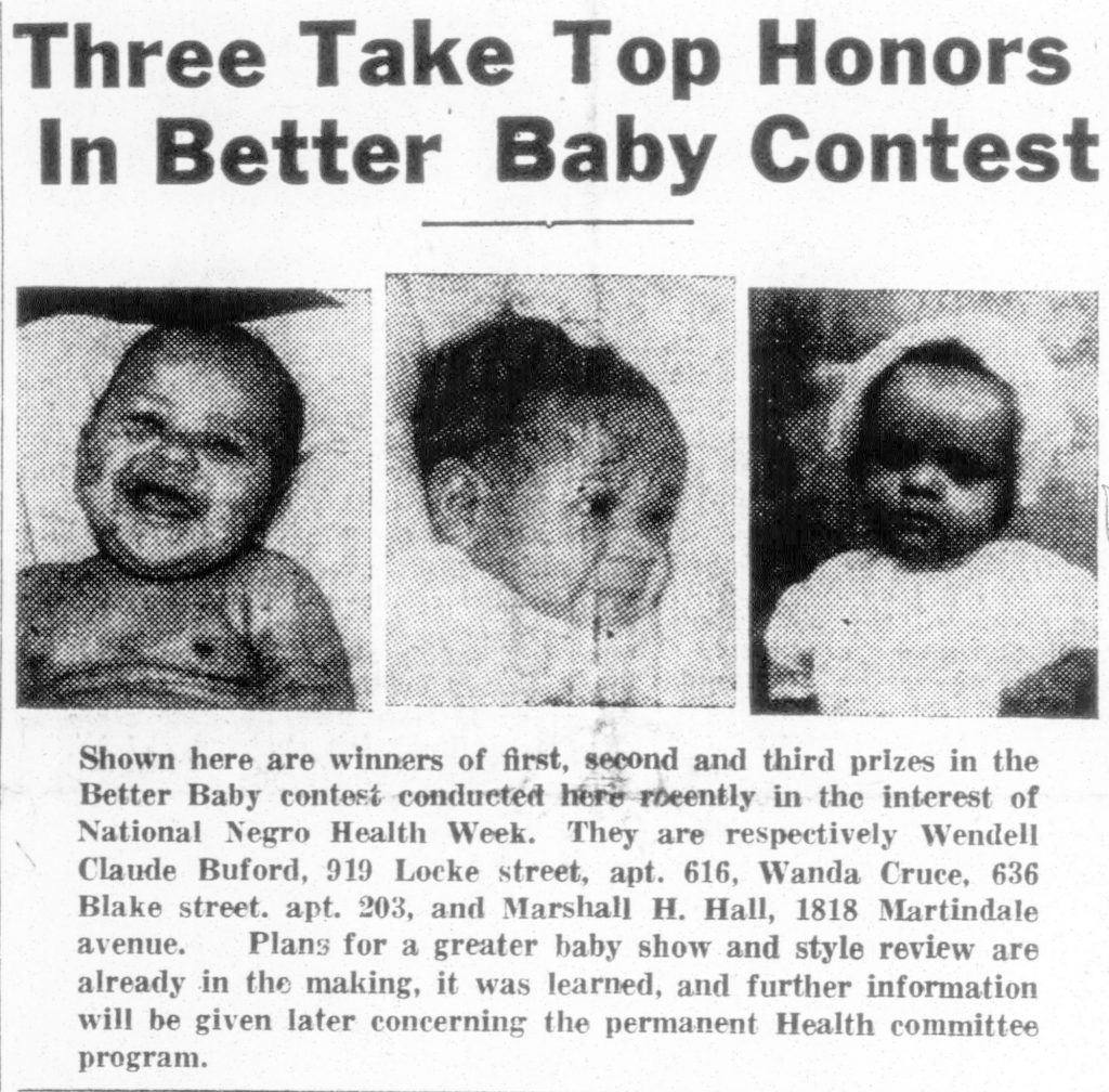 Newspaper clipping showing photos of three babies.