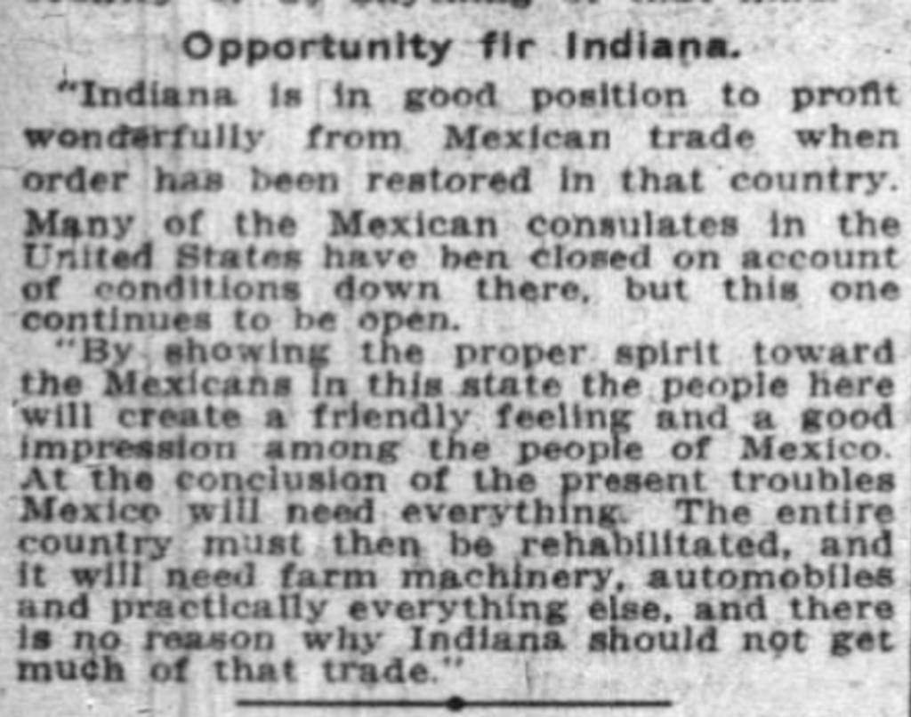 Newspaper clipping quoting a Mexican consul about trade opportunities for Indiana, stating that improved relations with Mexico could benefit Indiana businesses and future exports of machinery, automobiles, and other goods.