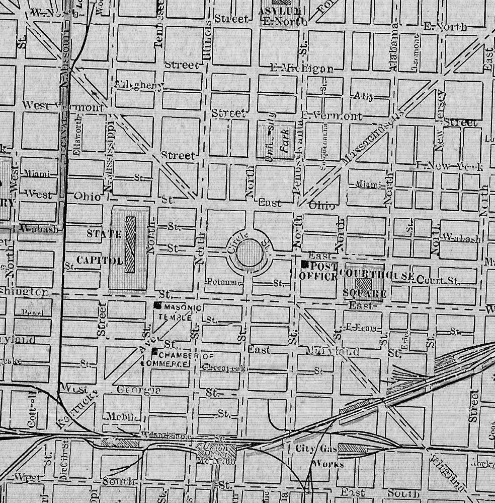 A black and white print of a map of downtown Indianapolis. The city blocks, important places and street names are all included on the map.